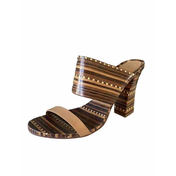Vince Camuto Brown & Beige Becca Heel Slip On Leather Sandals Size 9 Wood tone - Picture 1 of 12